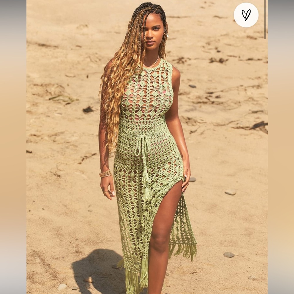 NWT Endless Waves Sage Green Crochet Fringe Midi Swim Cover-Up, Sz. Small